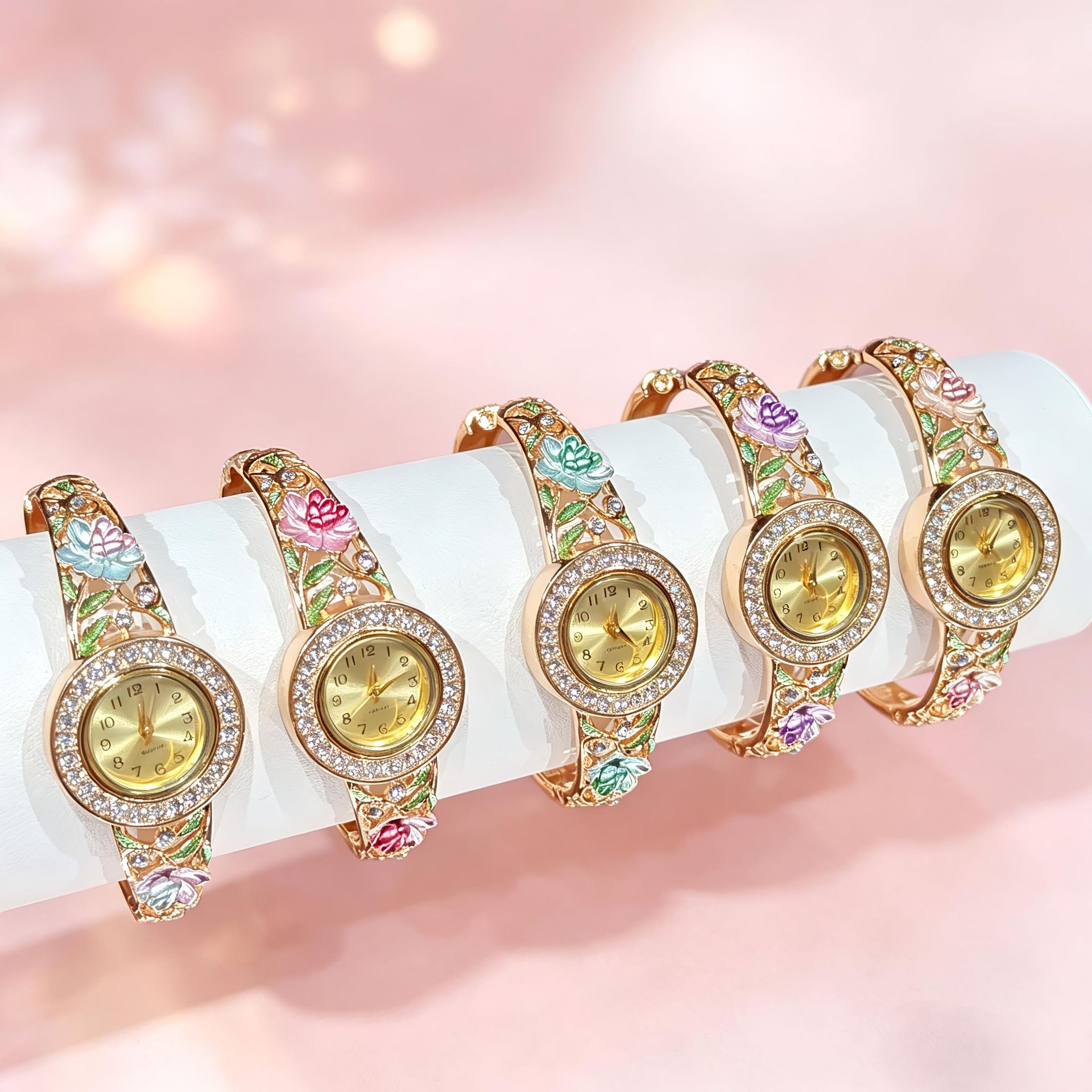 Jewelry Watches Vintage - Vintage Gold-Emaille-Blumen-Armbanduhr für Damen, Hohle Strass-Armbanduhr,